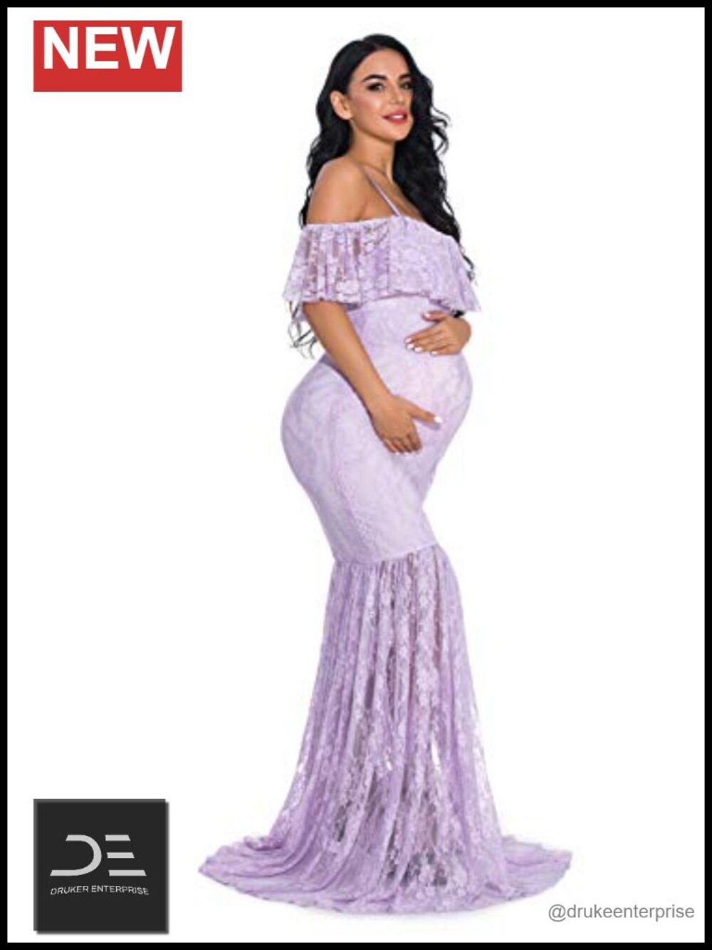 Fitted Lace Maternity Gown Ruffle Sleeve Mermaid Off Shoulder Photography Dress - Picture 2 of 4